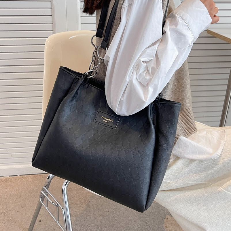 Rhombus Pattern Denim Tote Bag, Trendy Chain Shoulder Bag, Women's
